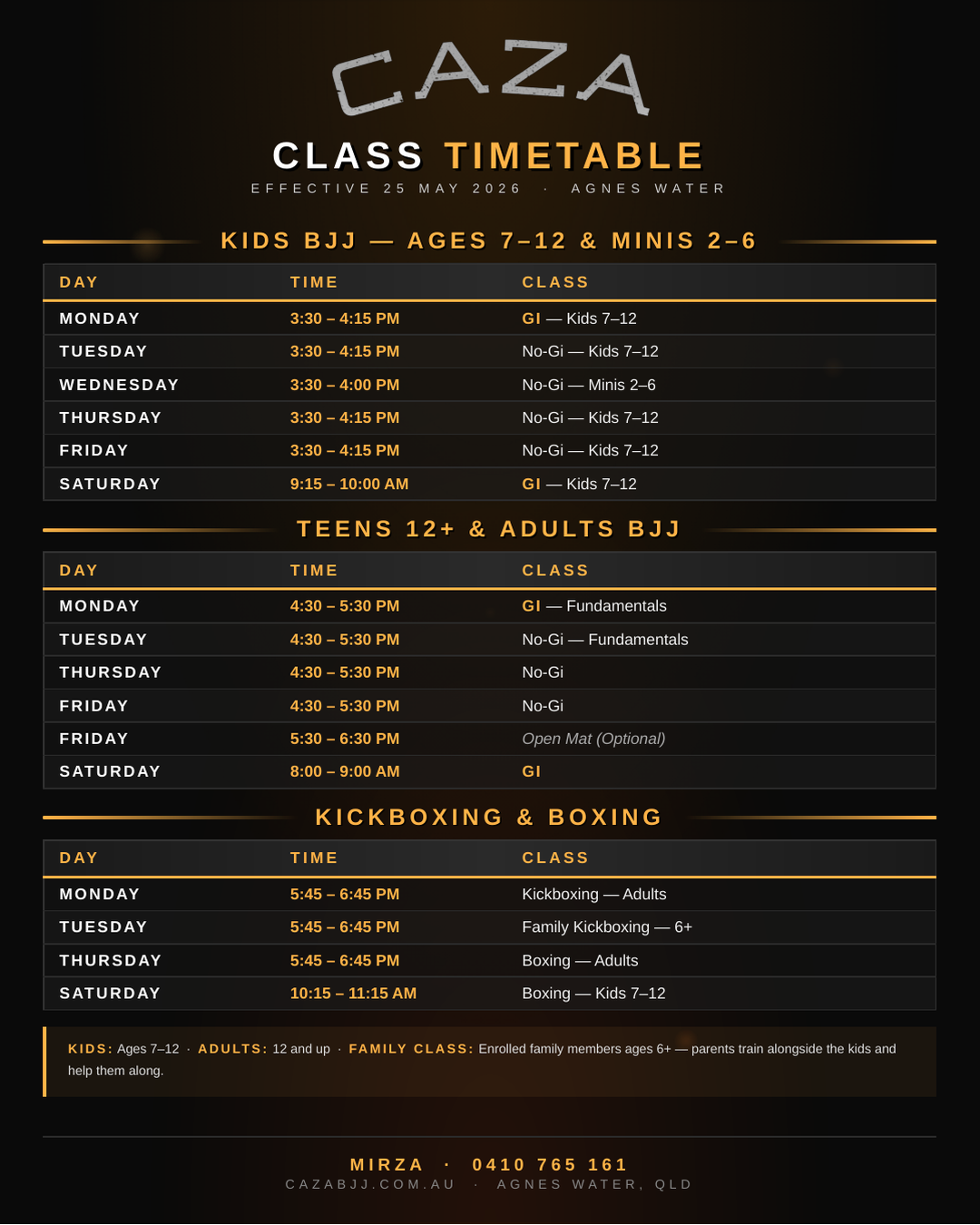 Caza BJJ Agnes Water Timetable